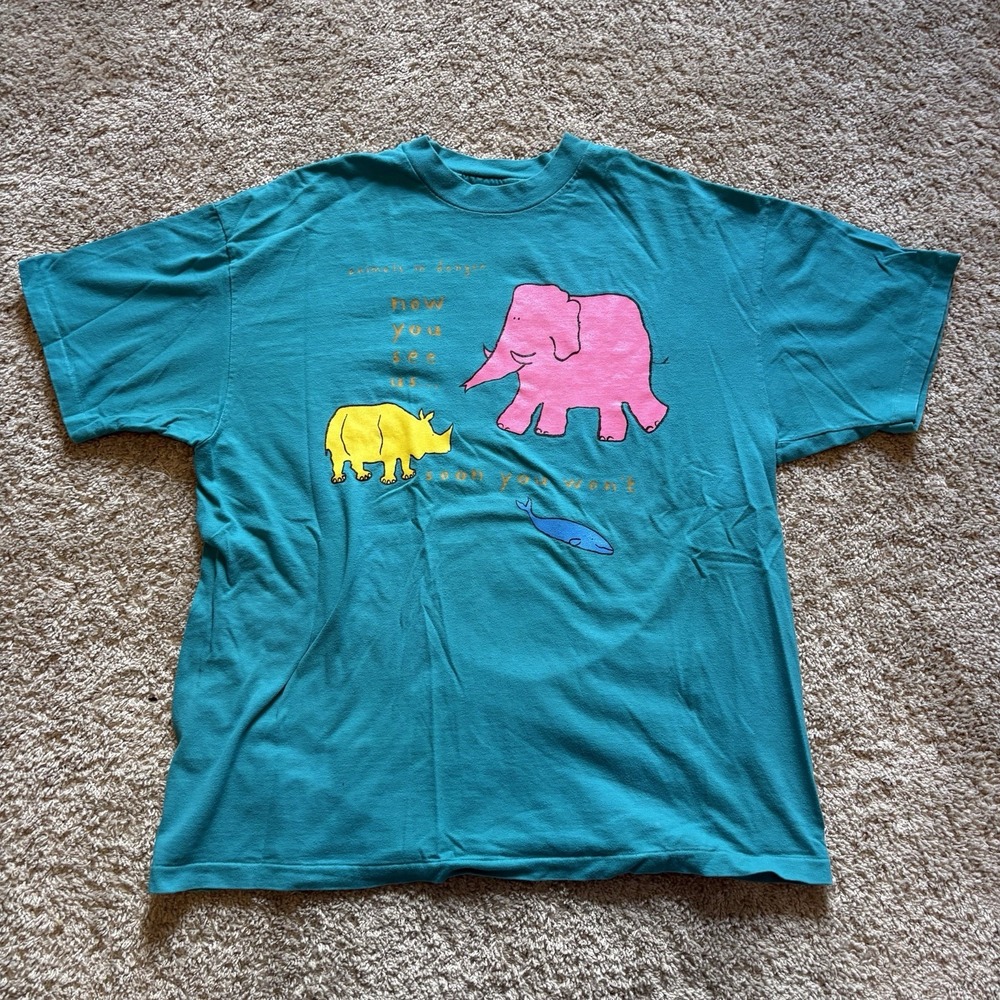 Vtg 1992 XL Body Shop "Extinct Is Forever" Teal Animal Rights Tee